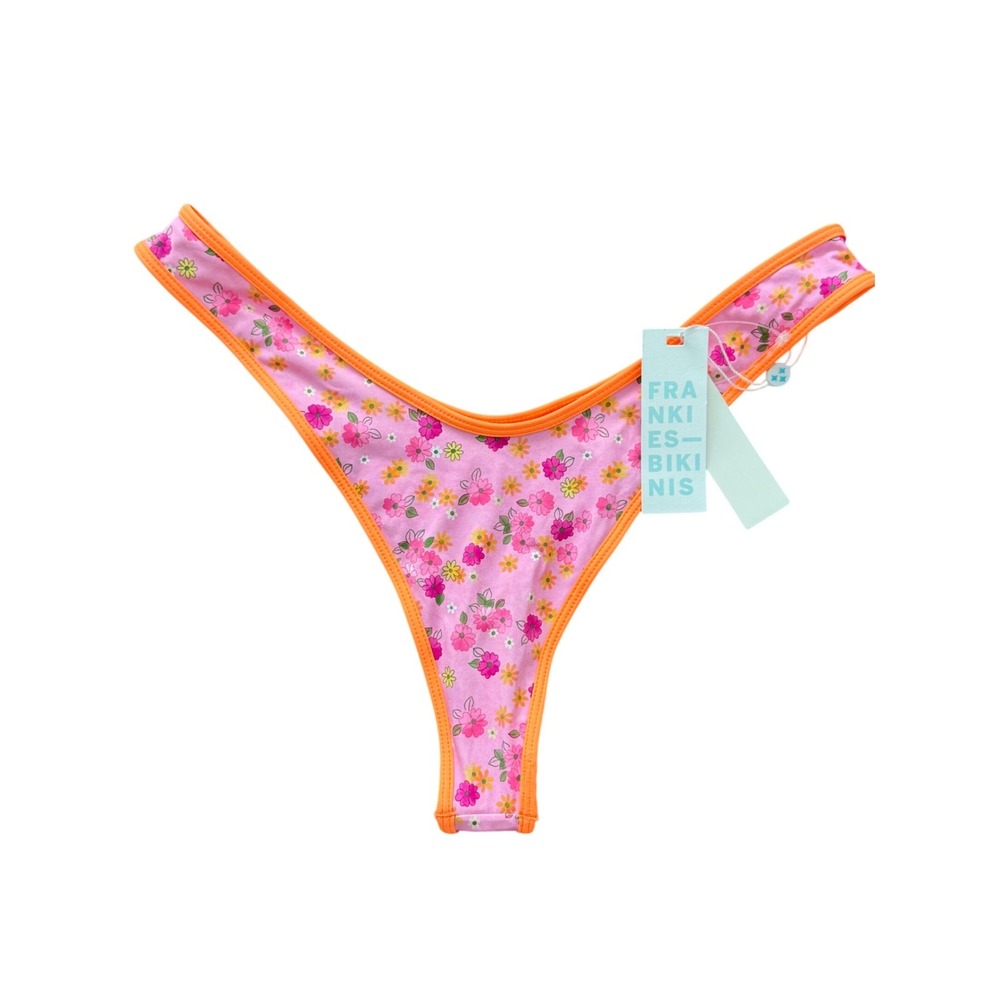 Frankies Bikinis Full Moon Bottom Pink Orange Floral High Cut Swim Large NWT